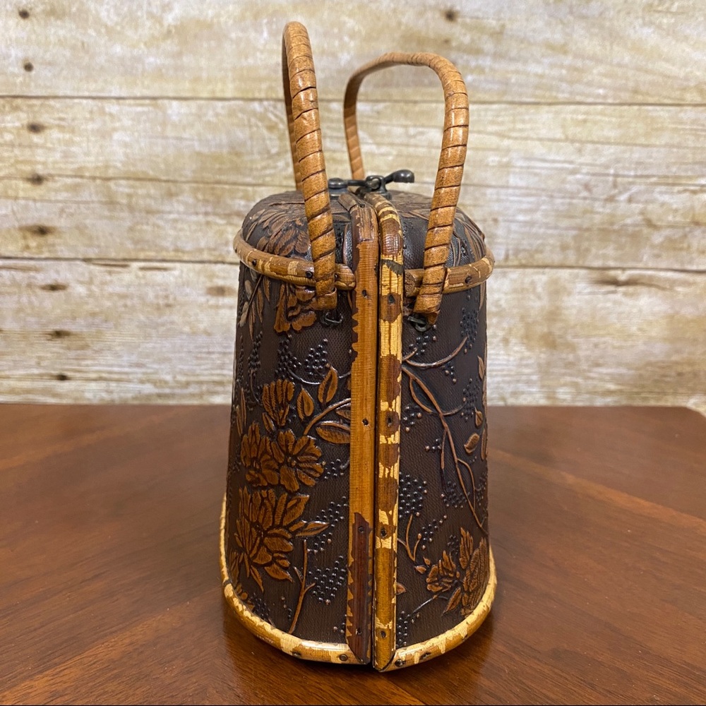 Wood purse box bag tooled floral Asian inspired small - Picture 9 of 16